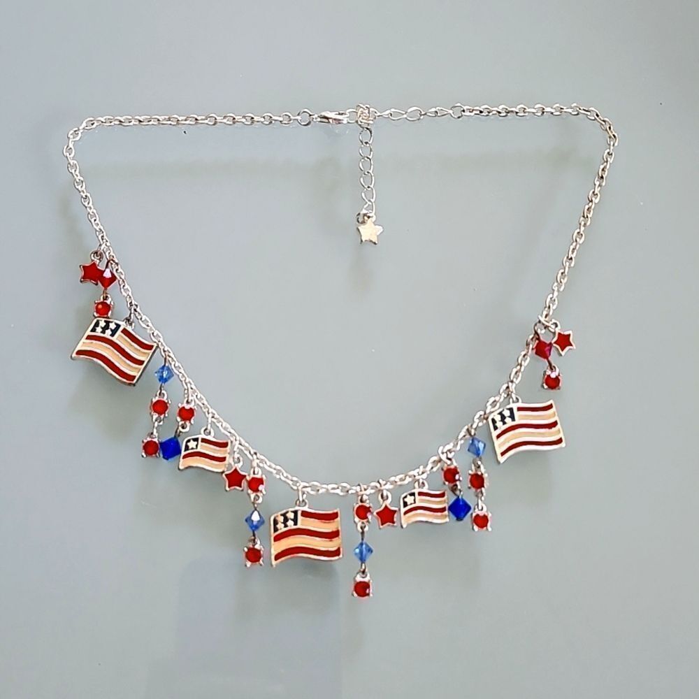 Star Spangled Americana Silver Metal‎ Bling Necklace